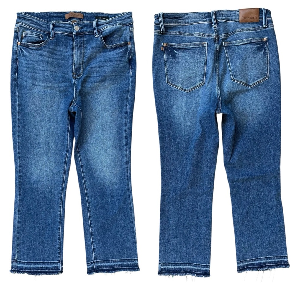 Judy Blue Medium Wash High Rise Zipper Fly Dark Raw Hem Kick Flare Jeans Size 30